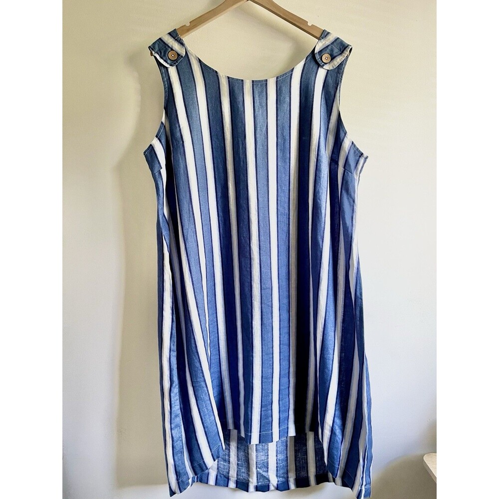 NWT Charlie B Blue White Vertical Stripe Linen Resort Dress Button Detail XXL